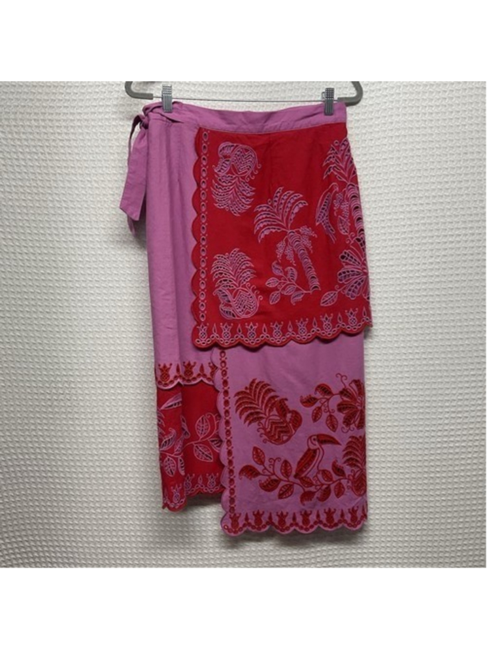 Farm Rio Richilieu Red Palm Tree Eyelet Embroidered Midi Wrap Skirt Women Medium - Picture 8 of 12